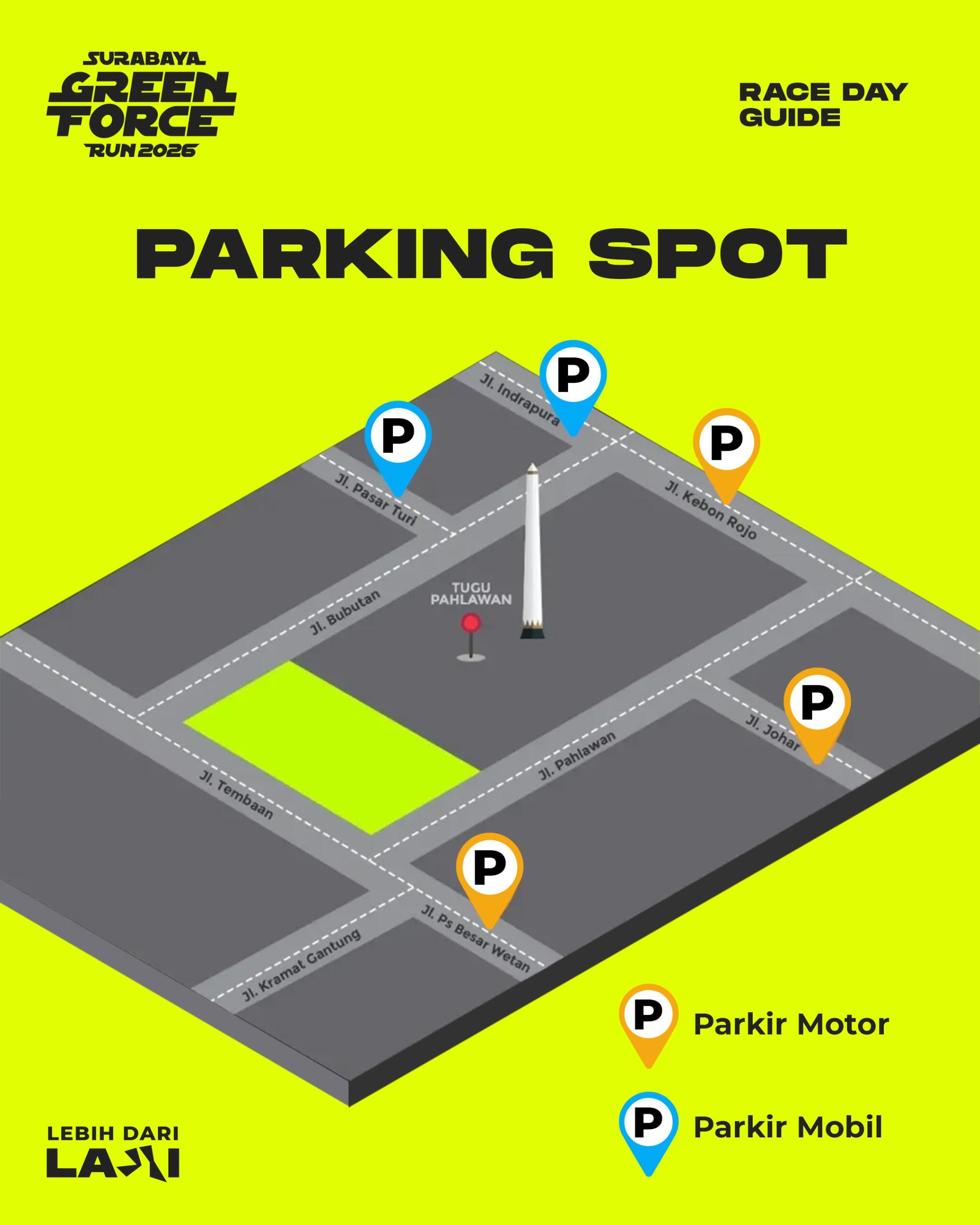 Bisa parkir di beberapa titikJalan. Kantong parkir ada di Jalan Pasar Turi, Jalan Tembaan, Jalan Pasar Besar Wetan, Jalan Kramat Gantung, Jalan Indrapura, Jalan Kebon Rojo, Jalan Johar